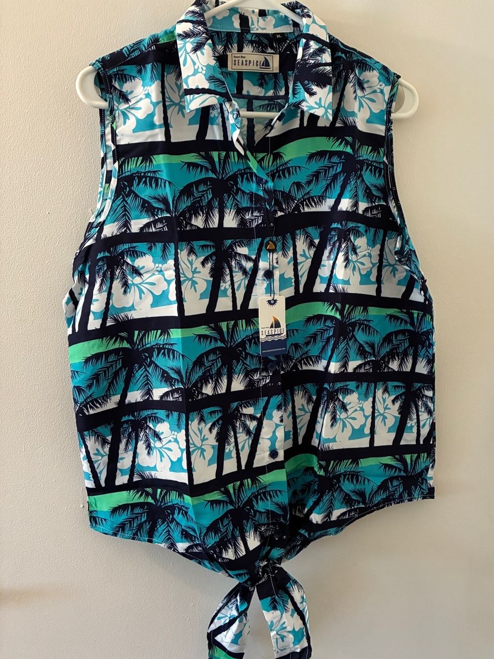 Women’s Seaspice Resort Wear Tropical Palm Print Tie-Front Shirt Size XL NWT